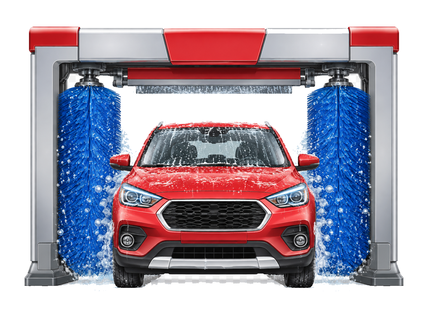 青いブラシの洗車機で洗う赤いコンパクトSUV